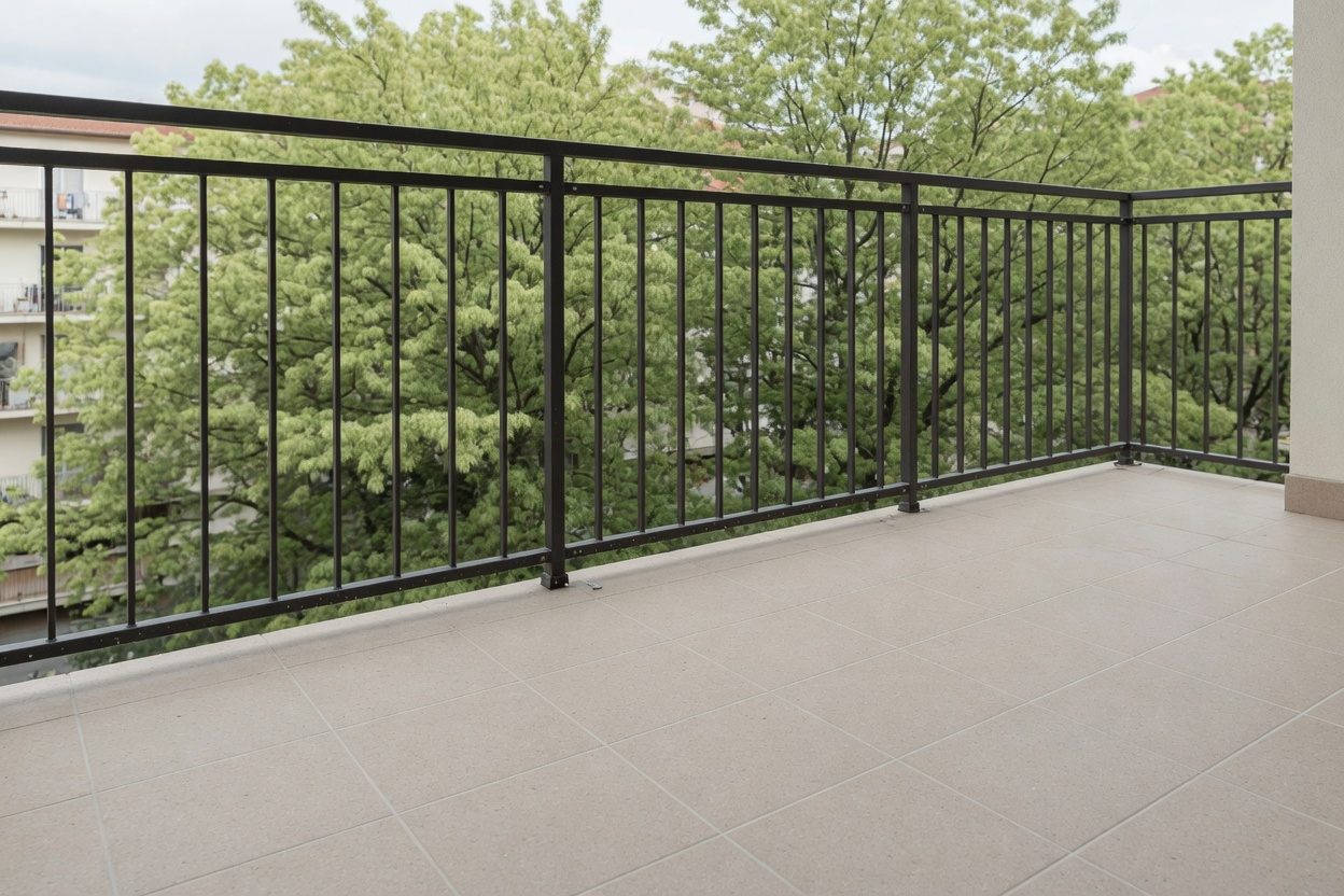 Gradski balkon s protukliznim pješčanim pločicama i tamnom metalnom ogradom